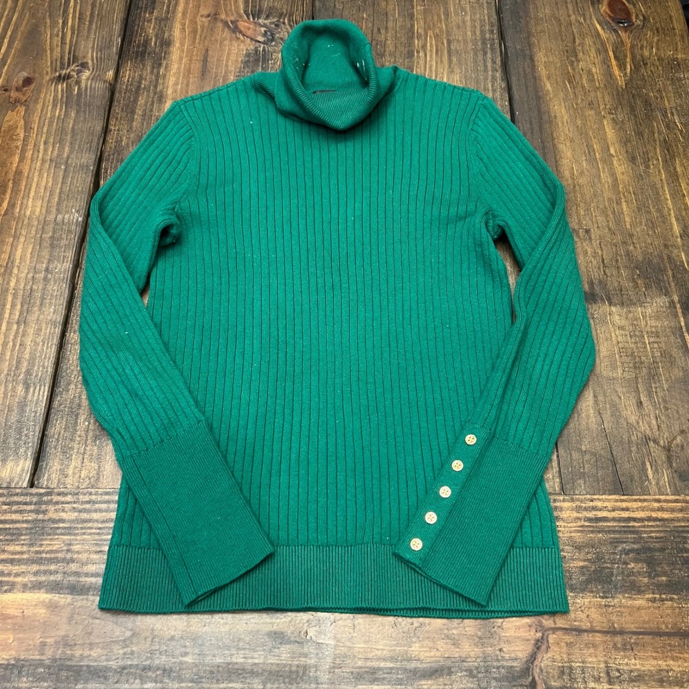 Talbots Ribbed‎ Turtleneck Sweater Green Button Cuff Women's XS